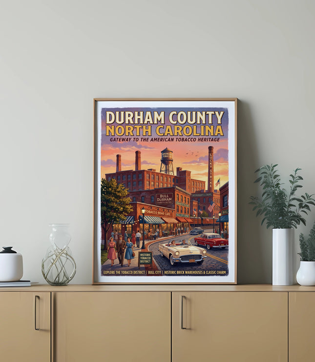 Durham County, North Carolina poster featuring tobacco heritage and classic cars.