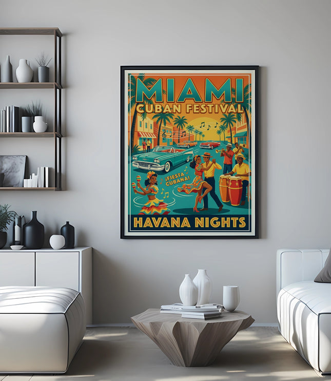 Miami Cuban Festival poster with people dancing and playing music.