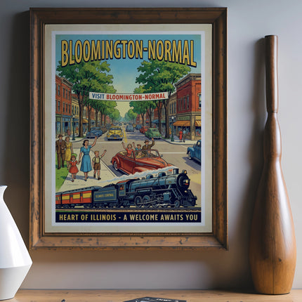 Bloomington-Normal, Illinois Central train and cars vintage travel poster.