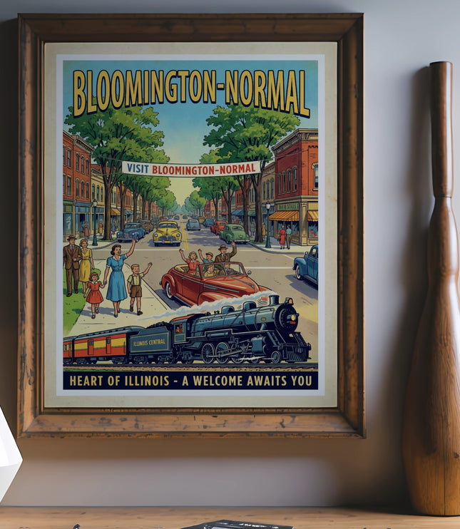 Bloomington-Normal, Illinois Central train and cars vintage travel poster.
