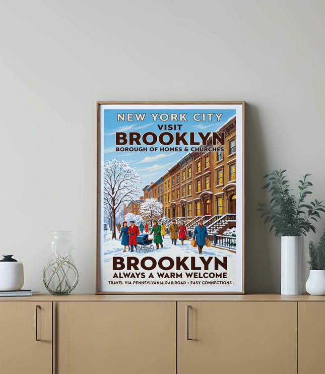 New York City visit Brooklyn poster, Borough of Homes & Churches, always a warm welcome.