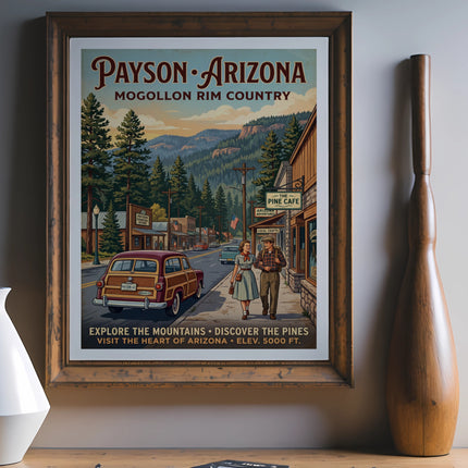 Payson, Arizona vintage travel poster featuring a classic car, couple, and the text "Mogollon Rim Country."
