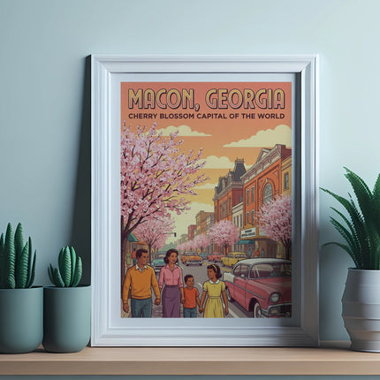 Framed vintage poster of Macon, Georgia, the Cherry Blossom Capital of the World.