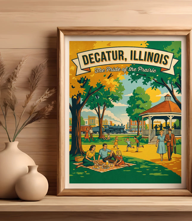 Decatur, Illinois The Pride of the Prairie vintage poster with park scene.
