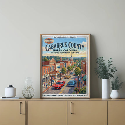 Vintage travel poster of Cabarrus County, North Carolina, with classic cars.