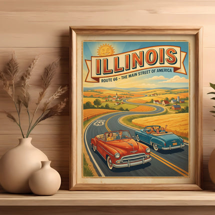 Retro Illinois Route 66 travel poster with vintage cars driving on a scenic road.