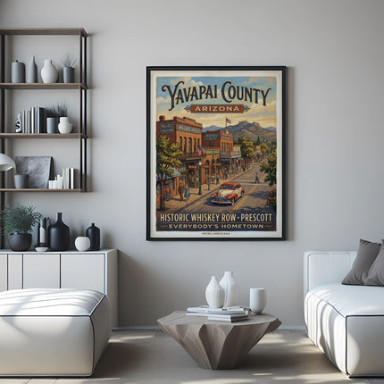 Framed Yavapai County Arizona poster of historic Whiskey Row street scene with Retro Americana style.