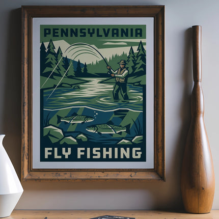 Pennsylvania fly fishing vintage travel poster with fisherman and fish.