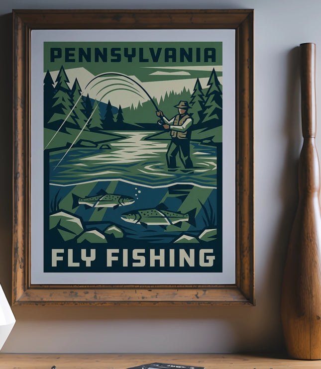 Pennsylvania fly fishing vintage travel poster with fisherman and fish.