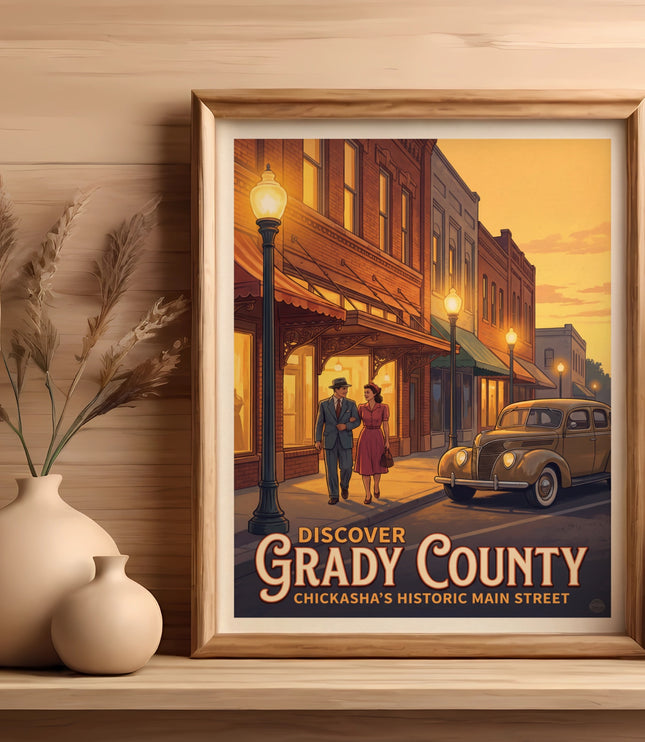 Vintage poster of Grady County, Chickasha's historic main street, at sunset.