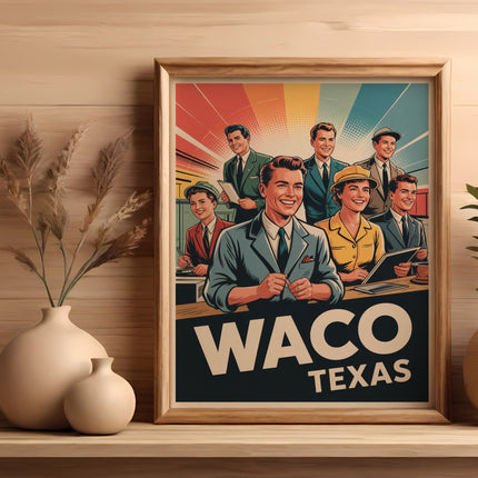 Framed vintage poster of smiling men and women with "Waco Texas" text.