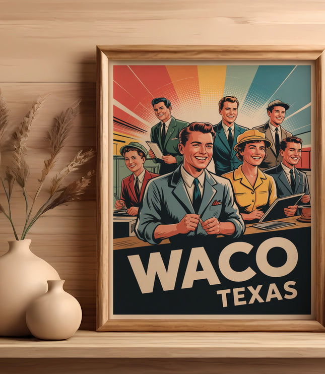 Framed vintage poster of smiling men and women with "Waco Texas" text.