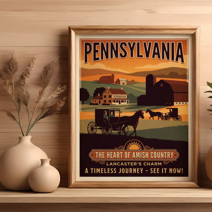 Pennsylvania travel poster featuring Amish buggy and farms, Lancaster's Charm.