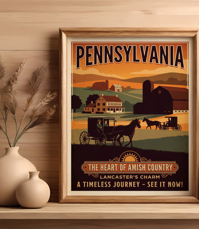 Pennsylvania travel poster featuring Amish buggy and farms, Lancaster's Charm.