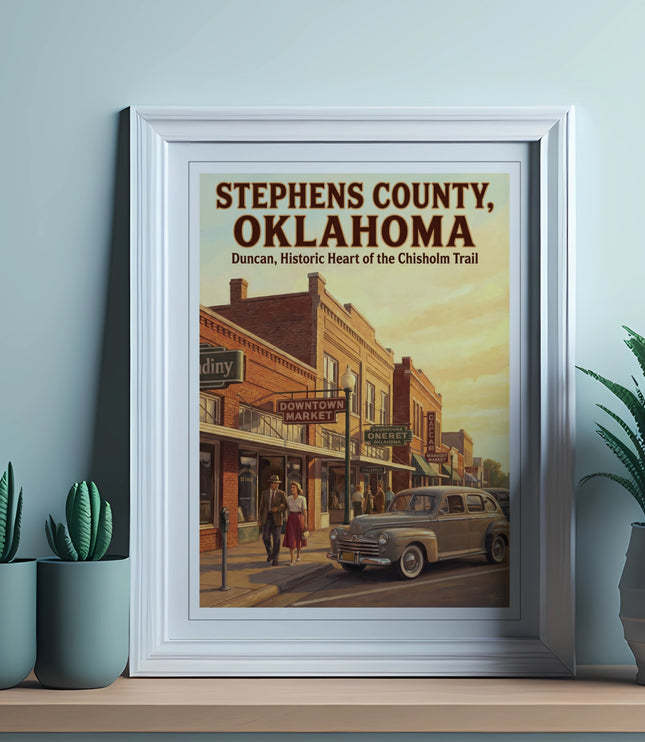 Stephens County Oklahoma poster featuring Duncan and the Chisholm Trail.
