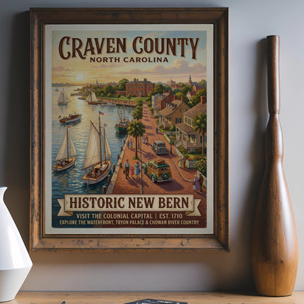 Craven County, North Carolina vintage poster depicting Historic New Bern waterfront.