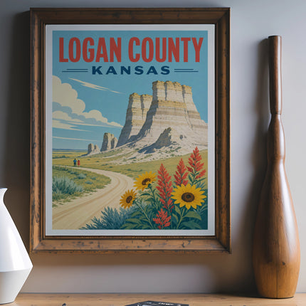 Vintage travel poster for Logan County, Kansas, featuring rock formations and wildflowers.