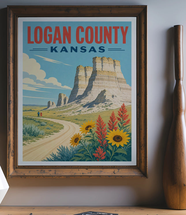 Vintage travel poster for Logan County, Kansas, featuring rock formations and wildflowers.