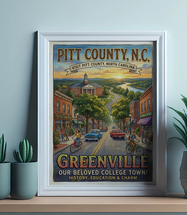 Pitt County, N.C. vintage travel poster of Greenville, a college town.