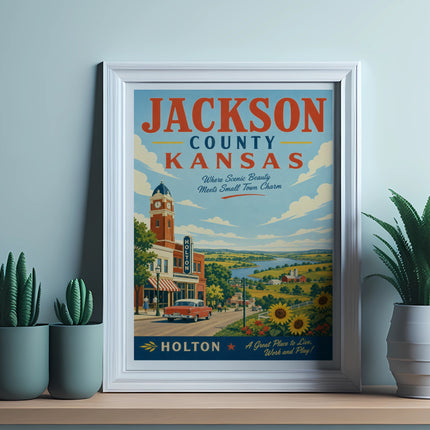 Jackson County, Kansas, Holton retro travel poster with vintage car and charm.
