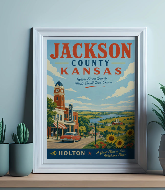 Jackson County, Kansas, Holton retro travel poster with vintage car and charm.