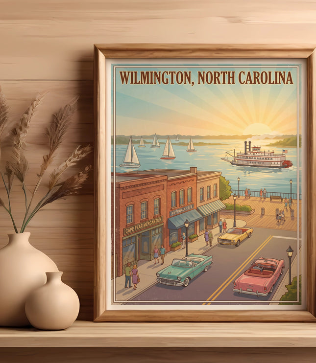 Wilmington, North Carolina waterfront scene with paddlewheel boat and sailboats.