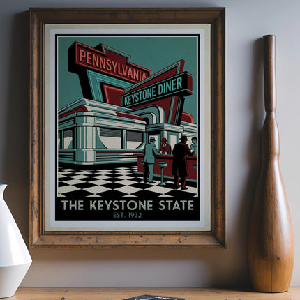 Retro "Keystone Diner Est. 1932" sign with people standing at counter.