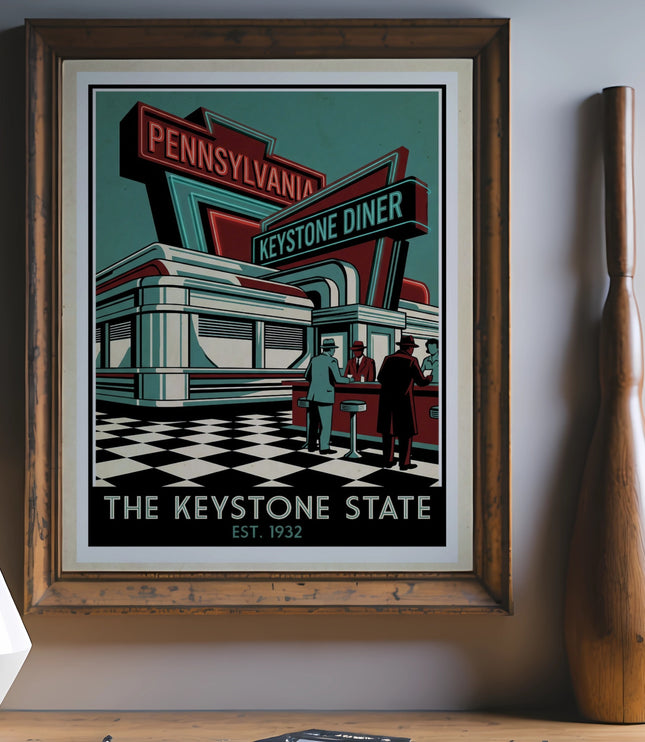 Retro "Keystone Diner Est. 1932" sign with people standing at counter.