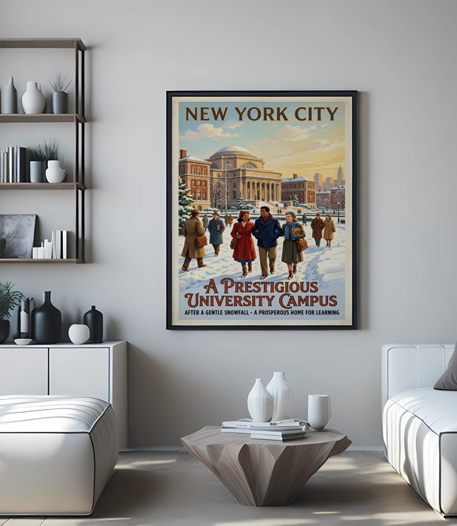 New York City prestigious university campus poster after a gentle snowfall.