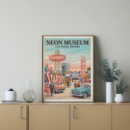 Neon Museum Las Vegas Nevada poster featuring vintage casinos, cars, and people.