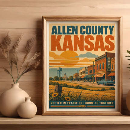 Vintage poster for Allen County, Kansas, featuring a town scene.
