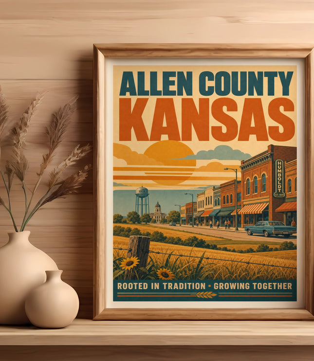 Vintage poster for Allen County, Kansas, featuring a town scene.
