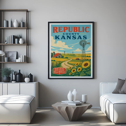 Republic County Kansas vintage travel poster with farm and sunflowers.