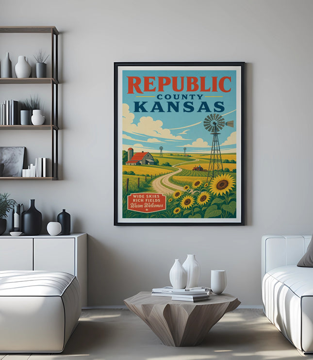 Republic County Kansas vintage travel poster with farm and sunflowers.