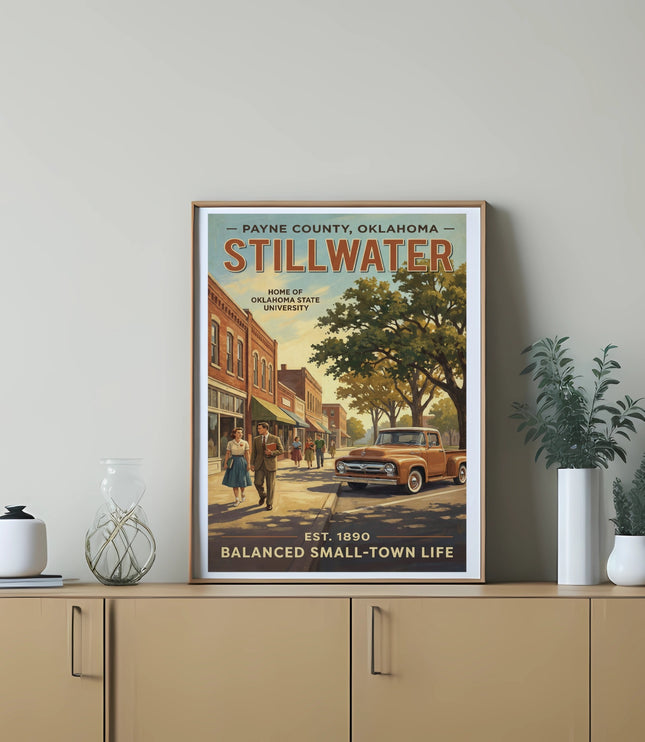 Stillwater, Oklahoma poster art with vintage truck and town scene.