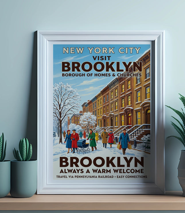 Vintage travel poster for Brooklyn, New York City, depicting a snowy street scene with people.
