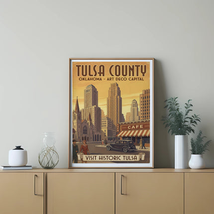 Tulsa County Oklahoma Art Deco Capital travel poster with cityscape and text.