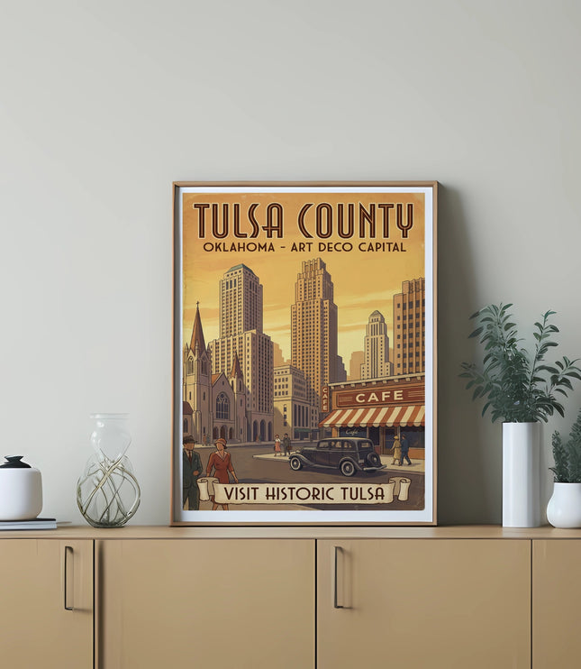 Tulsa County Oklahoma Art Deco Capital travel poster with cityscape and text.