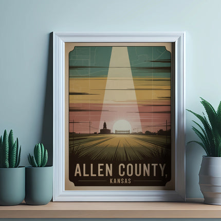 Allen County, Kansas poster with farmland and sunset illustration.