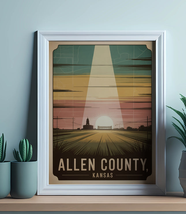 Allen County, Kansas poster with farmland and sunset illustration.