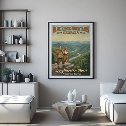 Vintage Blue Ridge Mountains Georgia travel poster with couple overlooking a river.