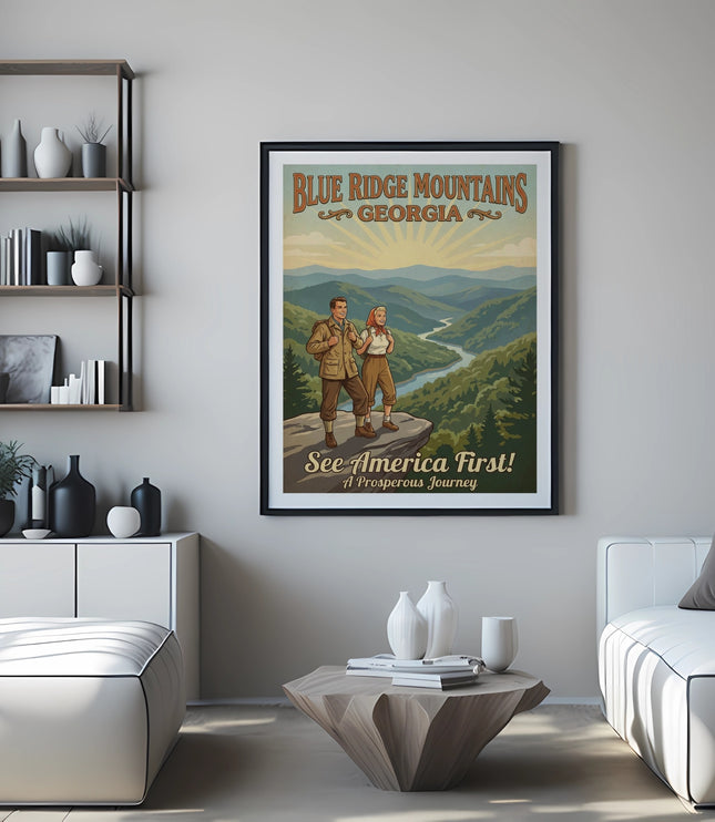 Vintage Blue Ridge Mountains Georgia travel poster with couple overlooking a river.