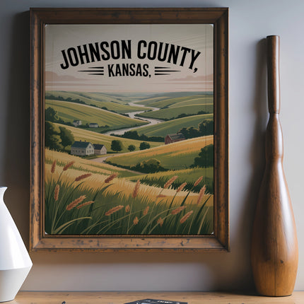 Framed vintage landscape art of Johnson County, Kansas, with rolling hills and text.