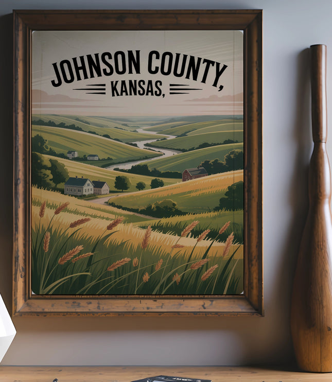 Framed vintage landscape art of Johnson County, Kansas, with rolling hills and text.