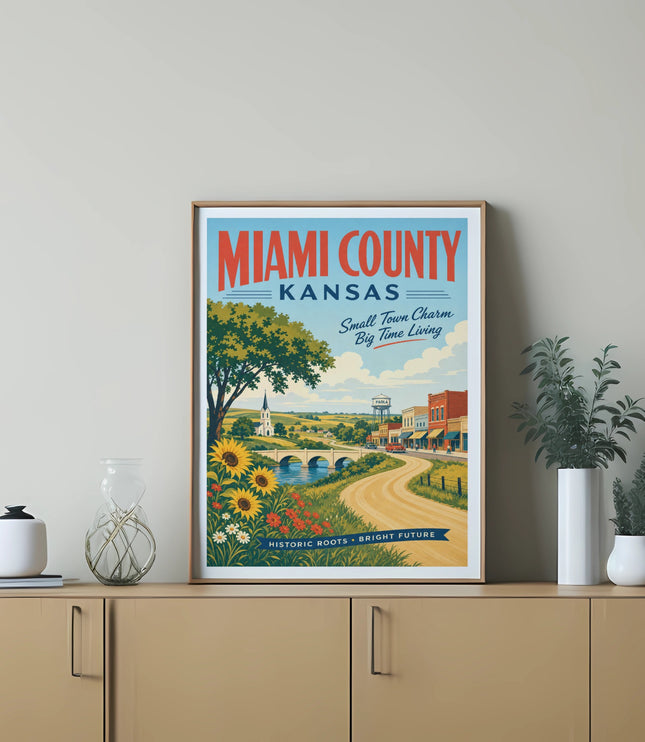 Miami County, Kansas, Small Town Charm, Big Living vintage travel poster.