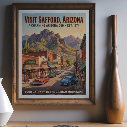 Vintage poster of Safford, Arizona with buildings, cars, and mountains titled "Visit Safford".
