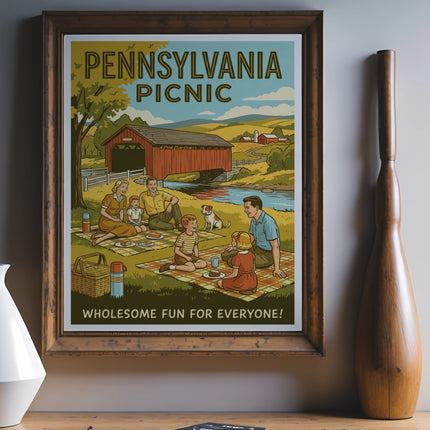 Vintage Pennsylvania Picnic advertisement featuring a family enjoying a meal outdoors.