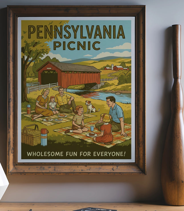 Vintage Pennsylvania Picnic advertisement featuring a family enjoying a meal outdoors.