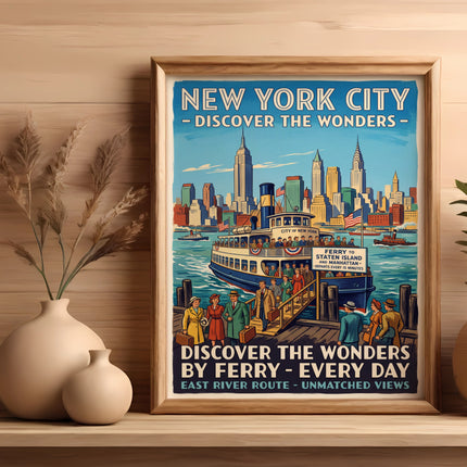 New York City vintage travel poster with ferry and skyline.