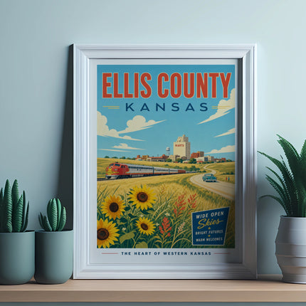 Vintage Ellis County, Kansas travel poster featuring train, sunflowers, and Hays building.